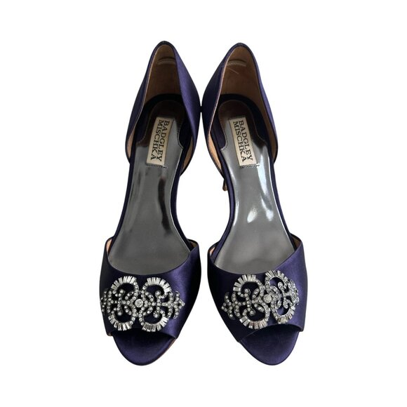 BADGLEY MISCHKA Salsa Royal Purple Plum Satin Heels Size 8 - Picture 1 of 9